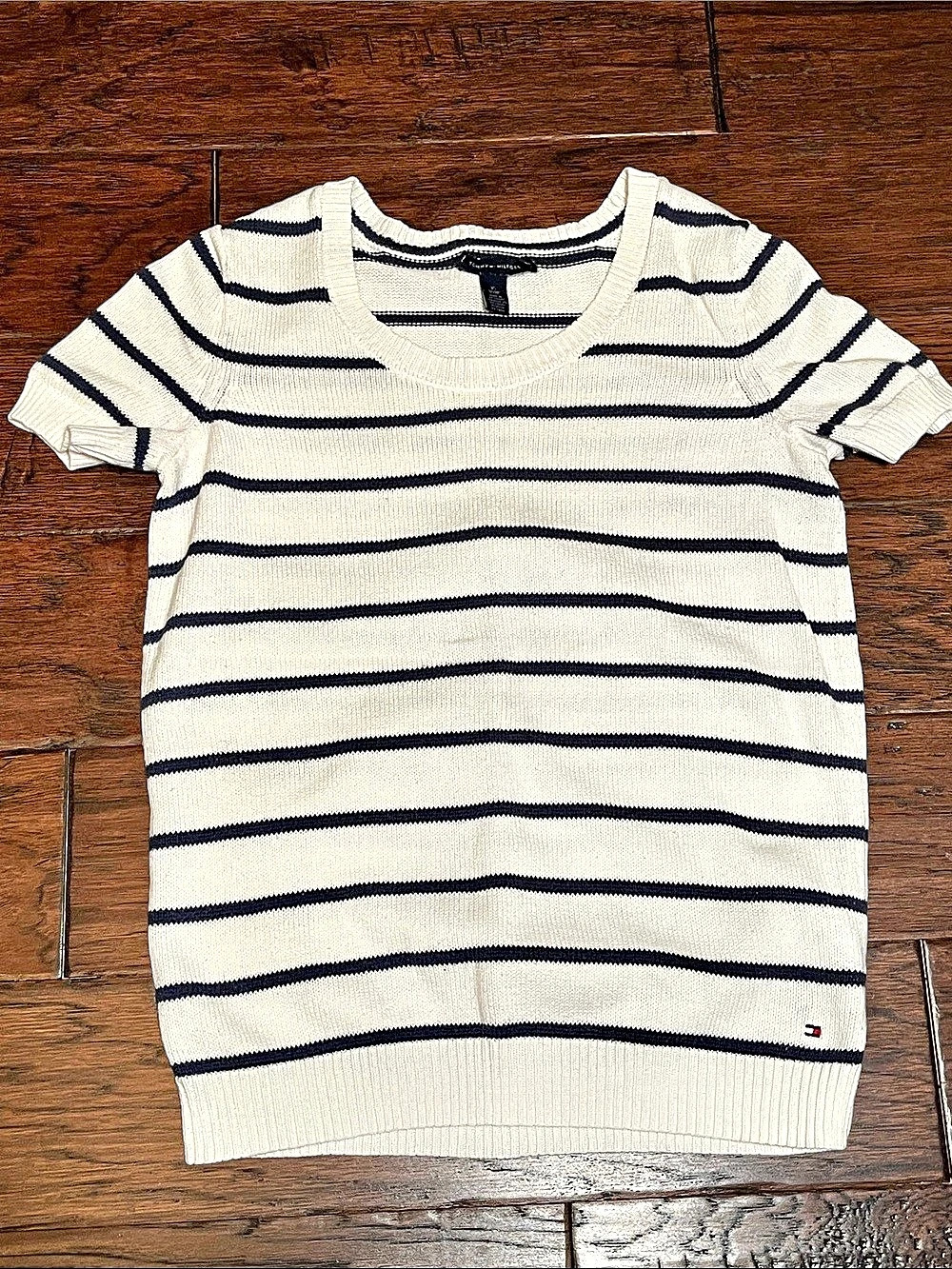 Tommy Hilfiger Striped Short Sleeve Knit Sweater - Cream & Navy XS